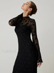 Lace Long Sleeve Trendy Mock Neck Maxi Dress Dresses