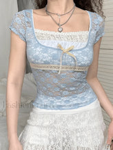 Lace Patchwork Crop Blouse Blue / S Shirts