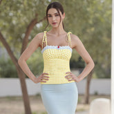 Lace Plaid Fitted Crop Top Yellow / S