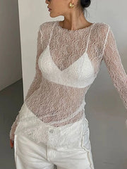 Lace Raw Hem Crew Modern Neck Long Sleeve Top White / XS T Shirts