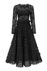 Lace Tiered Ruffle Charming Tulle Maxi Dress S / Black