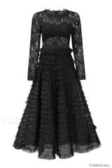 Lace Tiered Ruffle Charming Tulle Maxi Dress S / Black