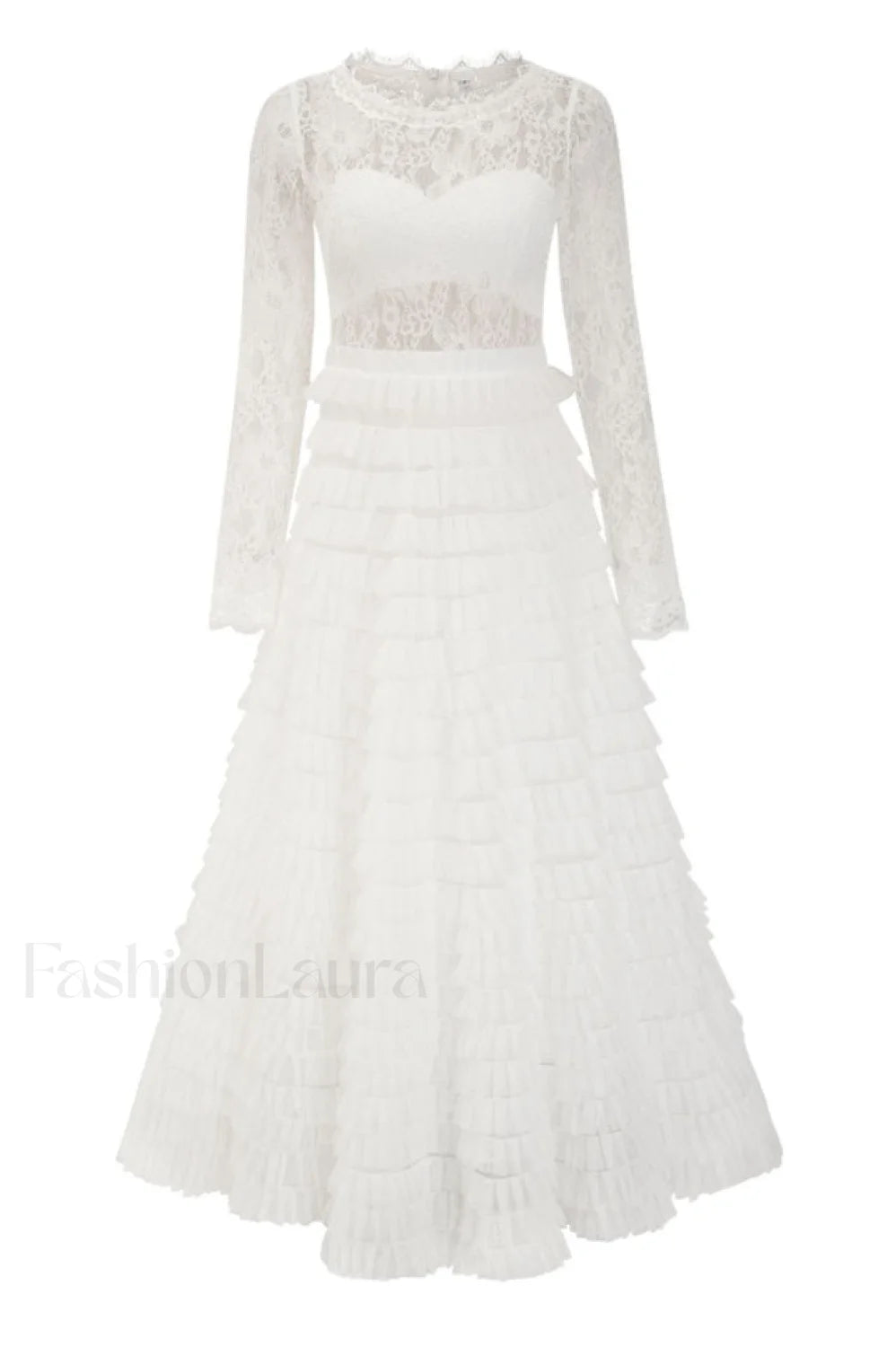 Lace Tiered Ruffle Charming Tulle Maxi Dress S / White