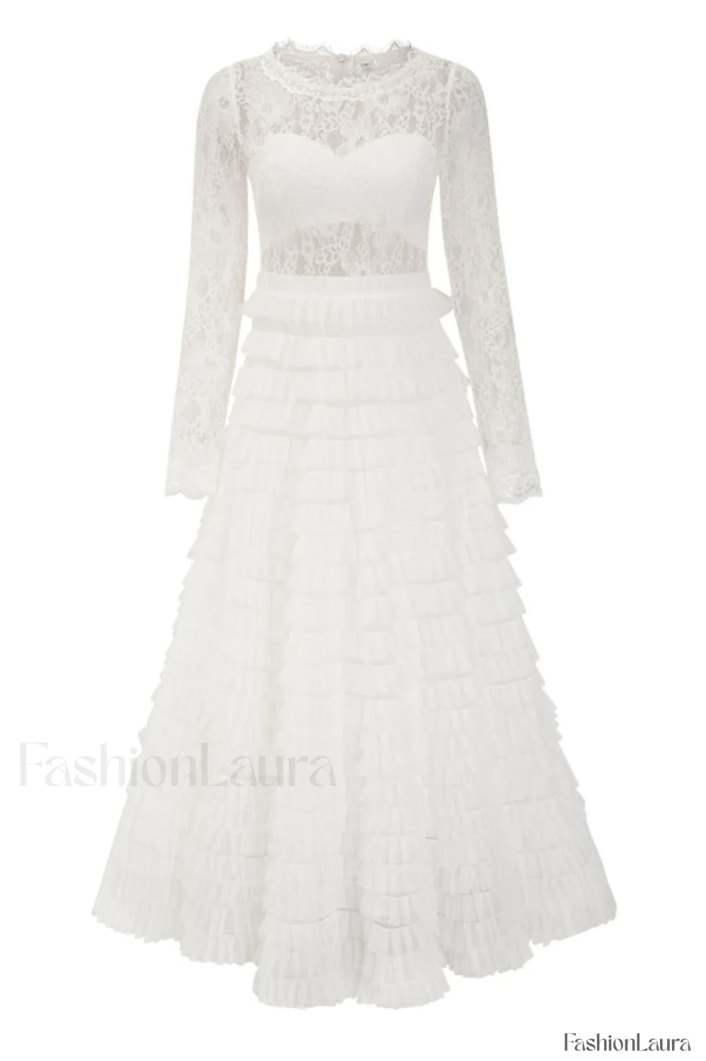 Lace Tiered Ruffle Charming Tulle Maxi Dress S / White