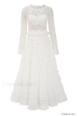Lace Tiered Ruffle Charming Tulle Maxi Dress S / White