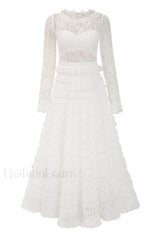 Lace Tiered Ruffle Charming Tulle Maxi Dress S / White