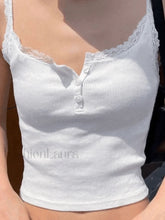 Lace Trim Button Up Ribbed Crop Cami Top White / S Tops&Tees