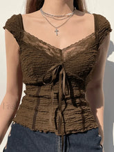 Lace Trim Crinkle Cropped Blouse Brown / S Shirts