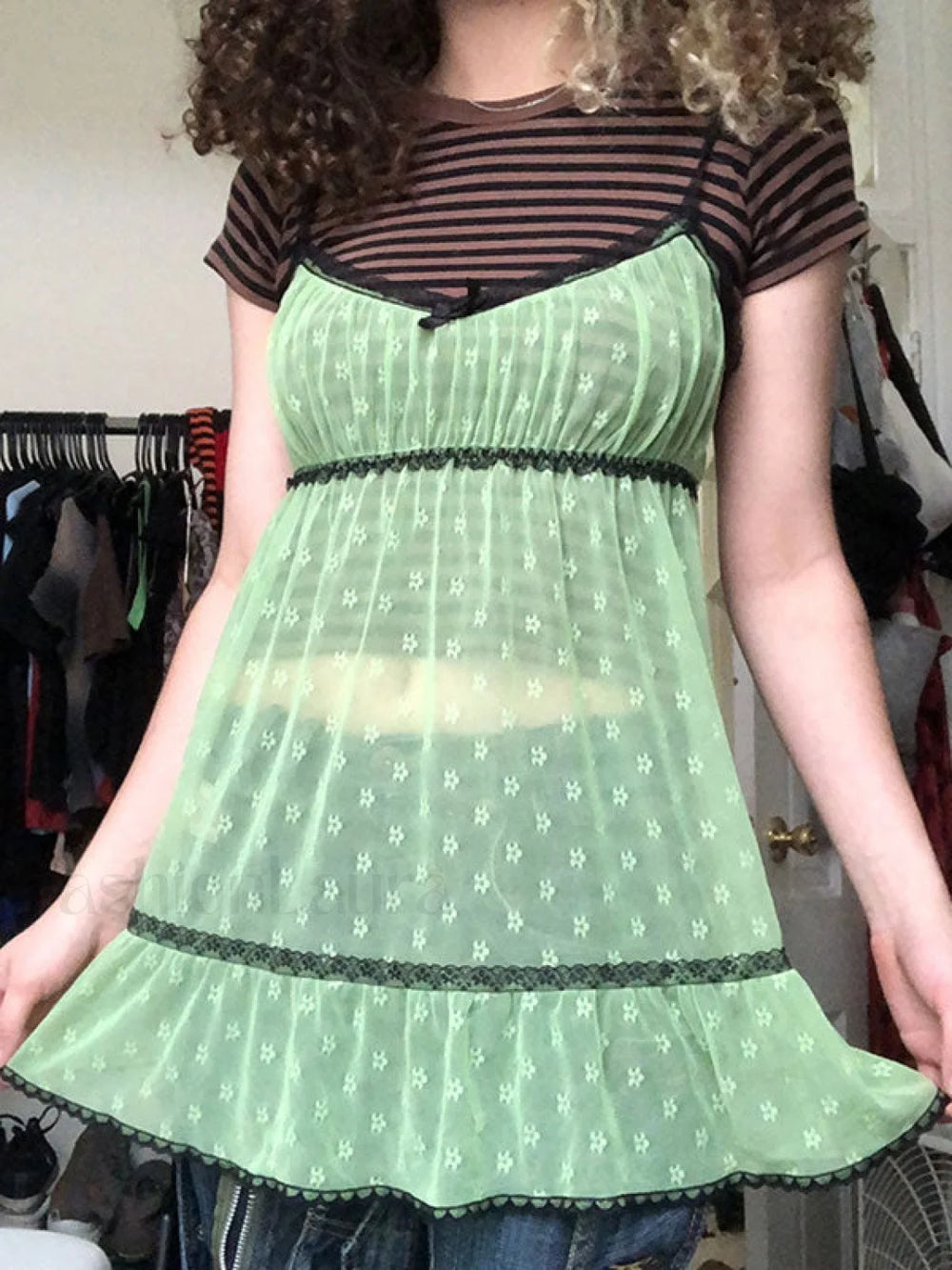 Lace Trim Floral Mini Dress Green / S Mini Dresses