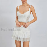 Lace Trim Sleeveless Crop Cami Mini Skirt Two Piece Set S / White