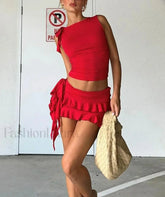 Lace Up Mini Skirt Two Piece Set Red / S