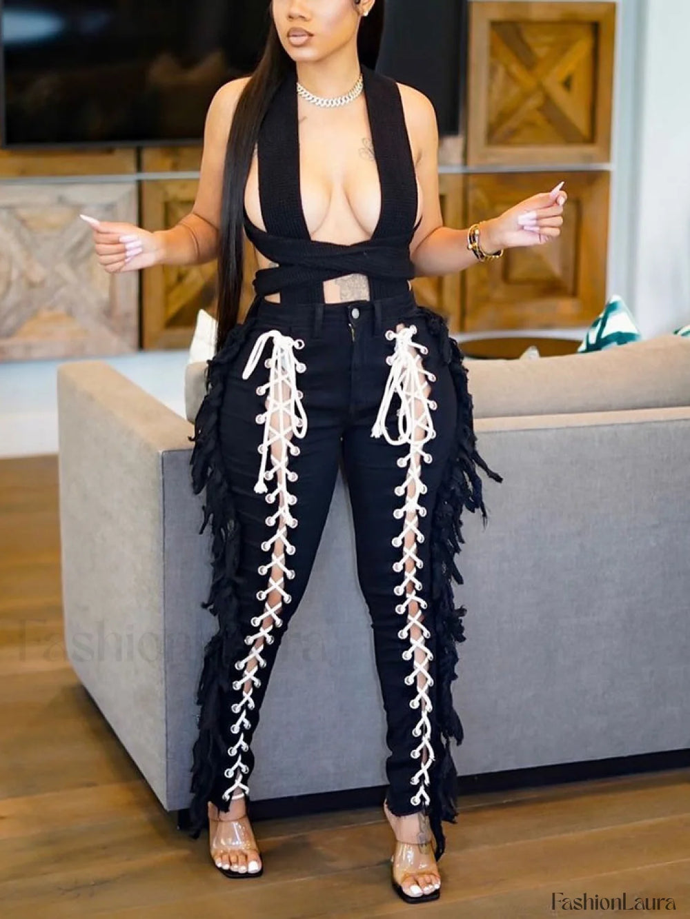 Lace Up Tassel Jeans Jeans