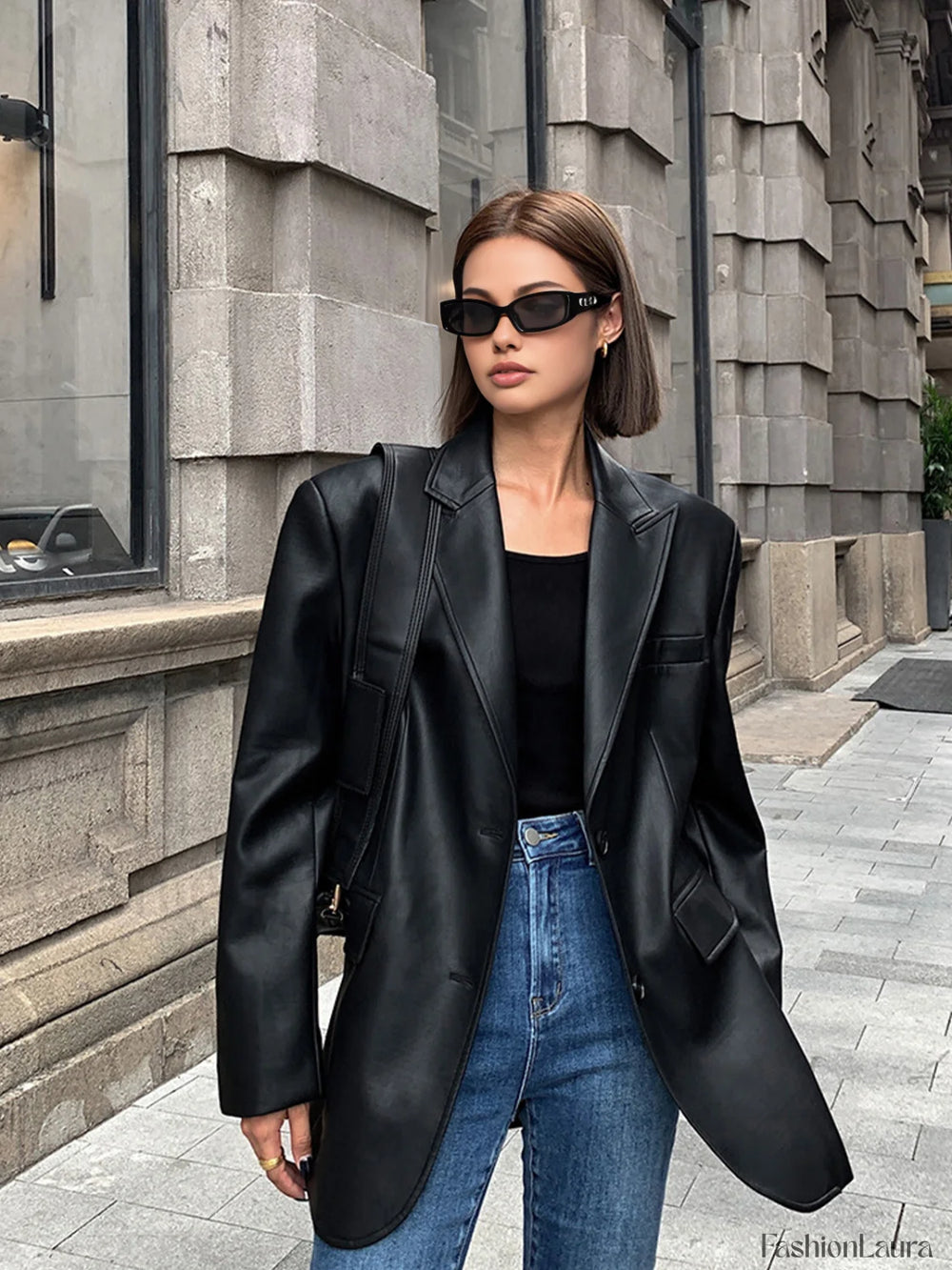 Lapel Pockets Leather Blazer Blazers