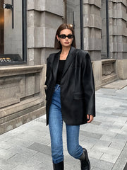 Lapel Pockets Leather Blazer Blazers