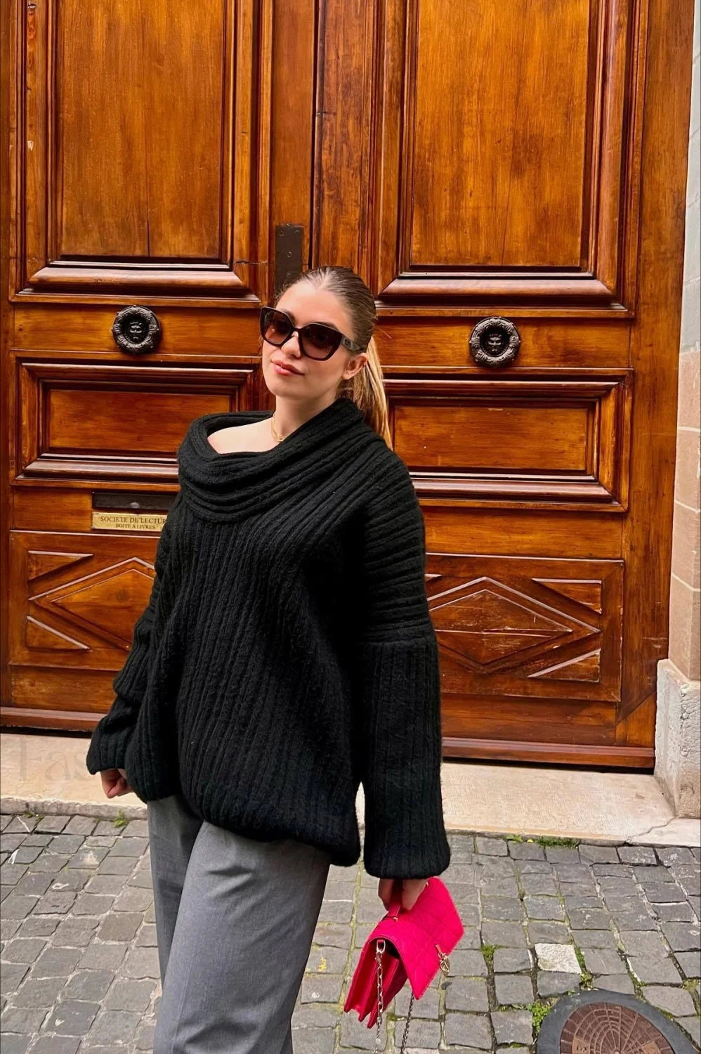 Lazy Chic Off-Shoulder Knit Sweater Black / S