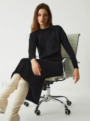 Leisure Cable Knit Long Modern Sleeve Two Piece Skirt Set Black / S Sweaters L