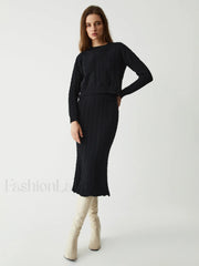 Leisure Cable Knit Long Modern Sleeve Two Piece Skirt Set Sweaters L