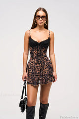 Leopard Print Cami Lace Trimmed A Line Mini Dress