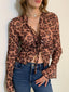 Leopard Print Semi Sheer Ruffle V Neck Blouse Light Brown / XS Blouses