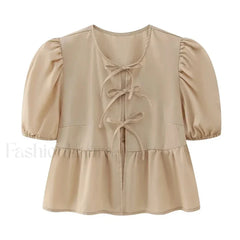 Leopard Sweet Bubble Casual Shirt Blouse Khaki / XS