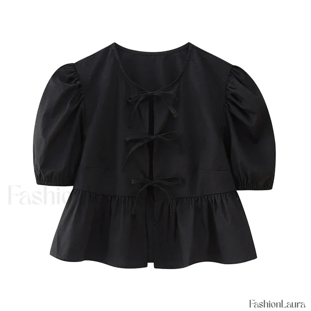 Leopard Sweet Bubble Casual Shirt Blouse Black / XS