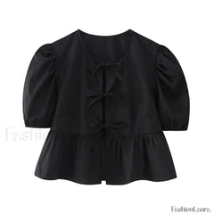 Leopard Sweet Bubble Casual Shirt Blouse Black / XS