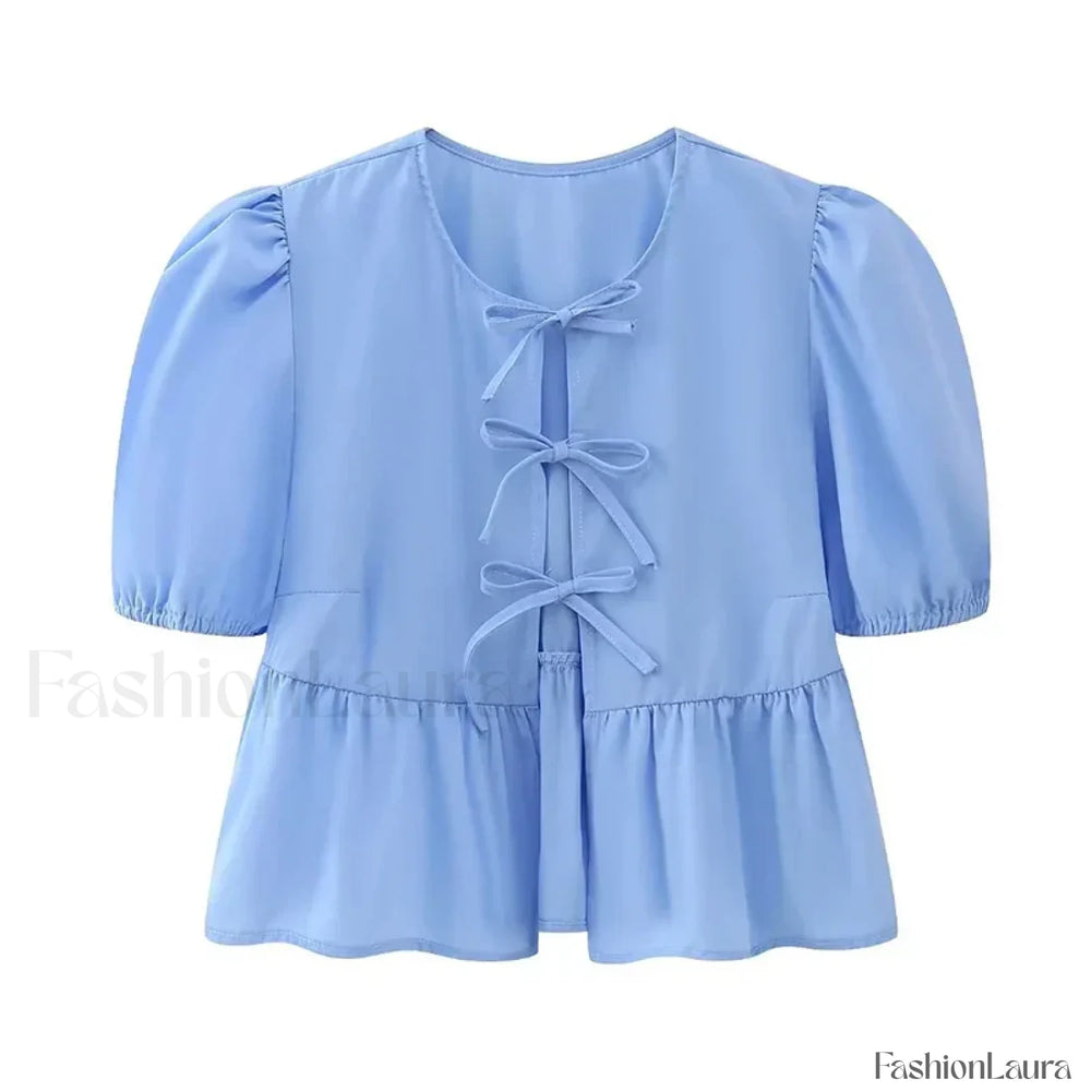 Leopard Sweet Bubble Casual Shirt Blouse Blue / XS