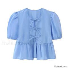 Leopard Sweet Bubble Casual Shirt Blouse Blue / XS