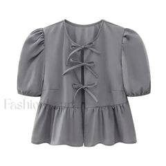 Leopard Sweet Bubble Casual Shirt Blouse GRAY / XS