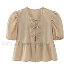 Leopard Sweet Bubble Casual Shirt Blouse Khaki / XS