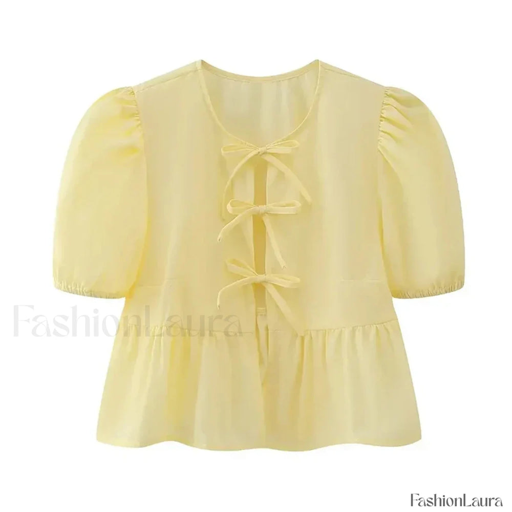 Leopard Sweet Bubble Casual Shirt Blouse Light Yellow / XS