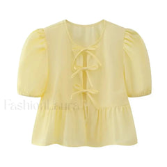 Leopard Sweet Bubble Casual Shirt Blouse Light Yellow / XS