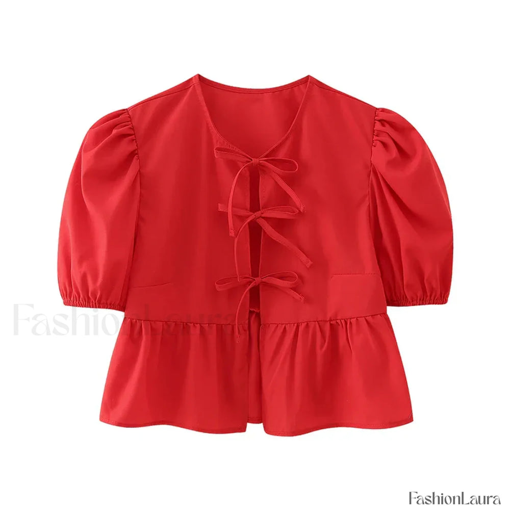 Leopard Sweet Bubble Casual Shirt Blouse Red / XS