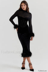 Lianna Black Stylish Velvet Midi Dress