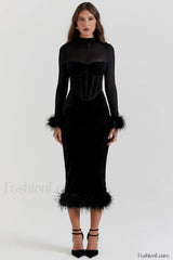 Lianna Black Stylish Velvet Midi Dress S / Black