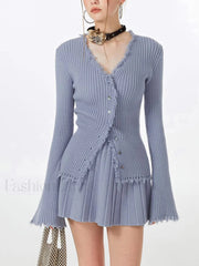 Lilac Raw Hem Trendy Long Sleeve Knit Top Blue / S Sweaters L