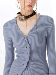 Lilac Raw Hem Trendy Long Sleeve Knit Top Sweaters L