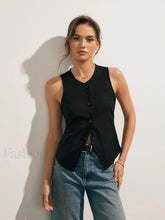 Linen Blends Button Up Tank Top Black / XS Tank Tops & Camis