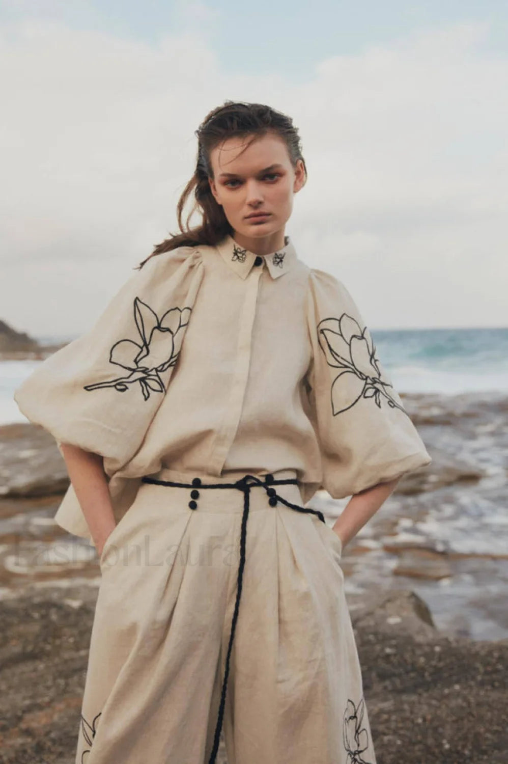 Lola Linen Embroidery Charming Shirt + Pants Set