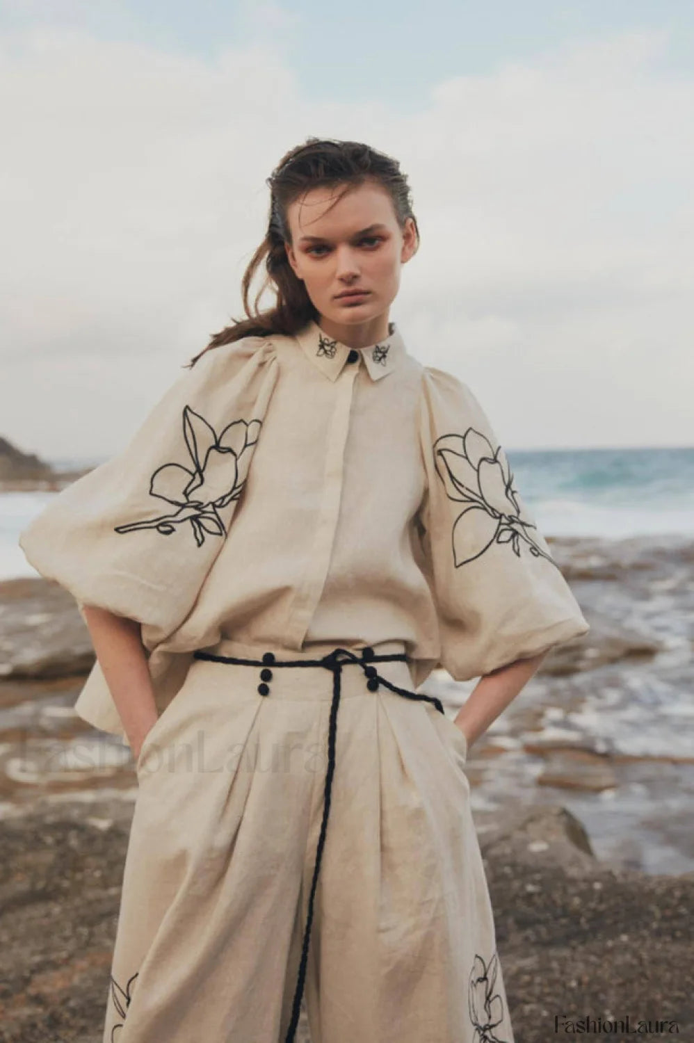 Lola Linen Embroidery Charming Shirt + Pants Set