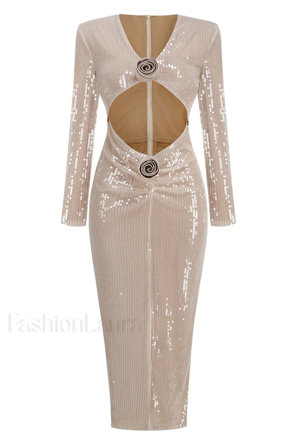 Long Sleeve Flower Charming Sequin Midi Dress