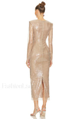 Long Sleeve Flower Charming Sequin Midi Dress