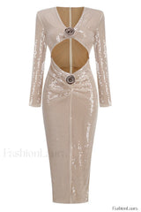 Long Sleeve Flower Charming Sequin Midi Dress