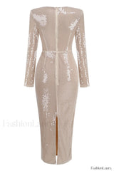 Long Sleeve Flower Charming Sequin Midi Dress