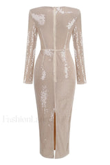 Long Sleeve Flower Charming Sequin Midi Dress