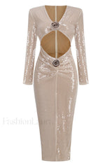 Long Sleeve Flower Charming Sequin Midi Dress