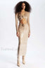 Long Sleeve Flower Charming Sequin Midi Dress S / Nude