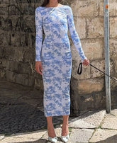 Long Sleeve Ribbed Floral Dress Blue / S