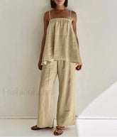 Loose Khaki Cotton Tank Pants Two Piece Set Khaki / S