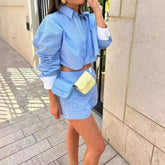 Loose Stripe Patchwork Shorts Two Piece Set BLUETOP / S